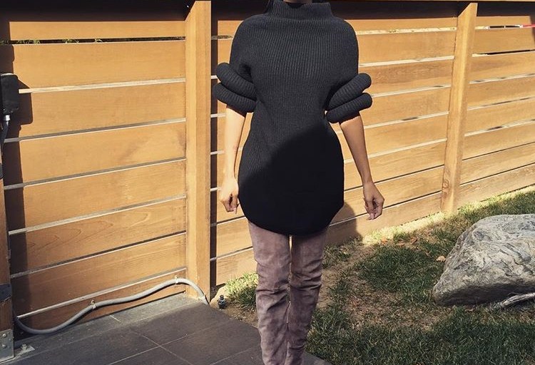 Wardrobe Query: Draya Michele’s Instagram B Donnas Jetson Black Sweater Dress and Gianvito Rossi Blush Thigh High Boots