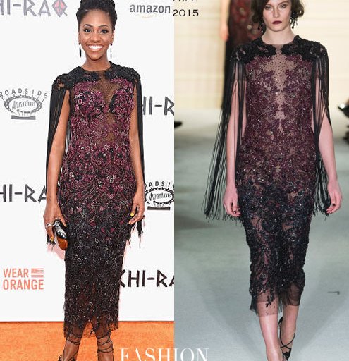 Hot! or Hmm…: Teyonah Parris’s Chiraq New York Premiere Marchesa Fall 2015 Red and Black Crystal and Threadwork Embroidered Ombre T-Length Cocktail with Draped Fringe Cape