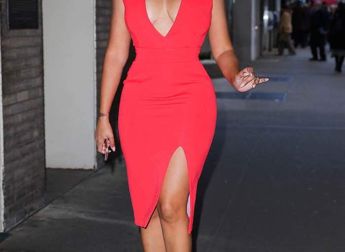 Splurge: Lala Anthony’s Chiraq and Unforgettable Press Day Nicholas Red Deep V Neck Dress and Tom Ford Nude Patent Leather Pin Heel Pumps