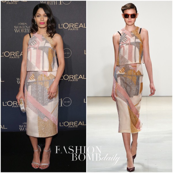 Hot! Or Hmm…? Freida Pinto’s 2015 L’Oreal Women Of Worth Celebrations Bibhu Mohapatra Spring 2016 Abstract Print Crystal Embellished Round Neck Top And Skirt