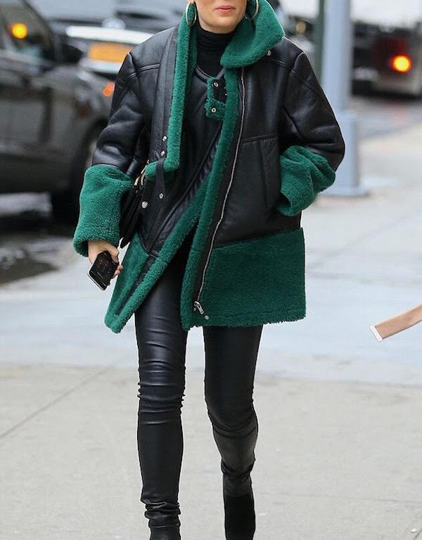 Splurge: Jessie J’s New York City Fall 2015 Kenzo Sheep Shearling Green Asymmetric Front Zip Jacket