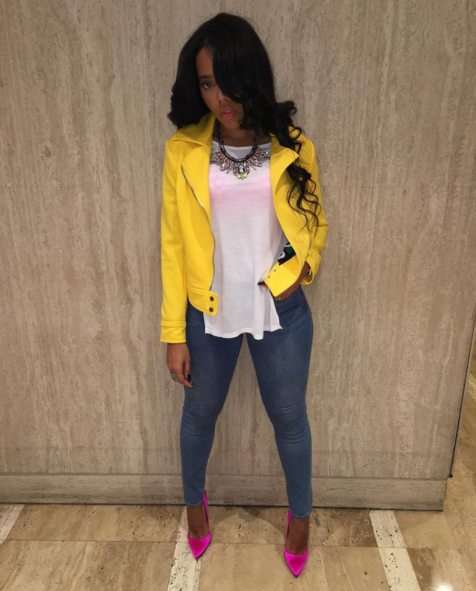 Wardrobe Query: Angela Simmons’s Jojo Simmons Baby Shower Vince Camuto Yellow Asymmetrical Mod Scuba Jacket and Brian Atwood Pink Silk Pumps