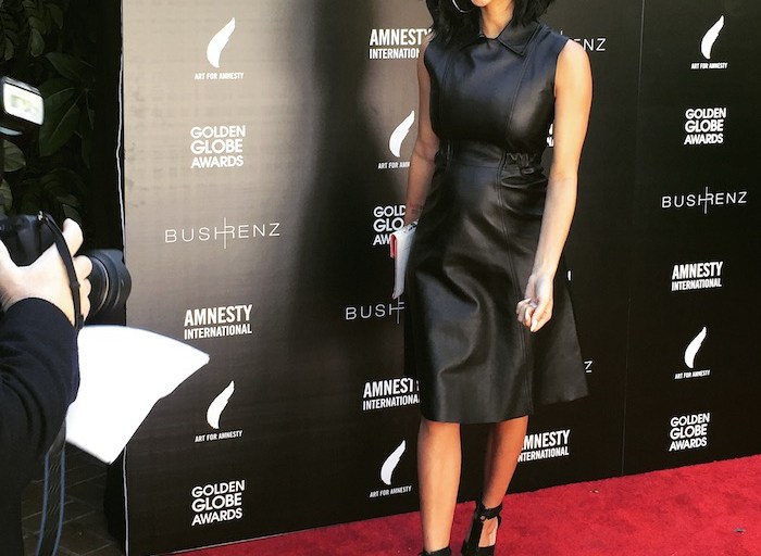 Splurge: Draya Michele’s Art For Amnesty Pre-Golden Globes Recognition Brunch  Acne Studios Levice Black Leather Dress and Tom Ford Patchwork Sandals