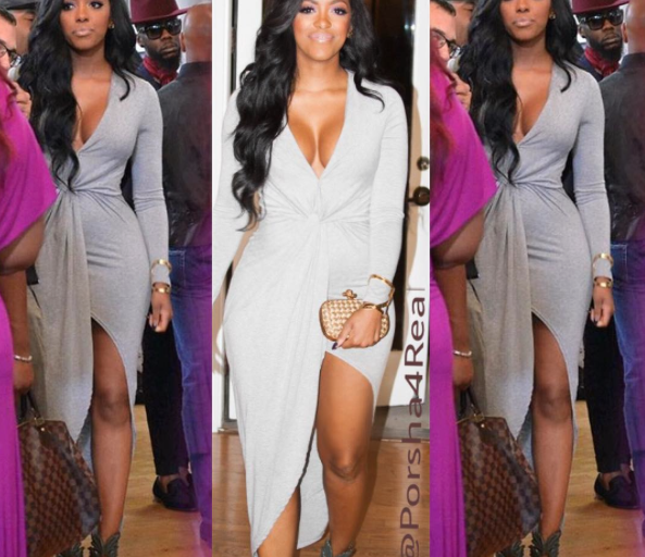 Wardrobe Query: Porsha Stewart’s Real Housewives of Atlanta Season 8 Gray Long Sleeved Draped Wrap Dress