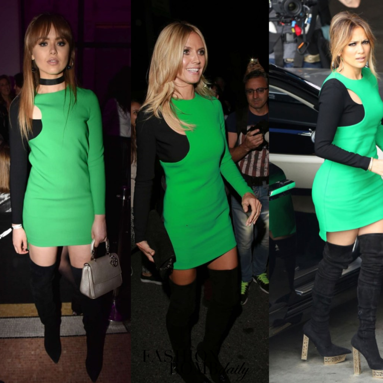 Who Wore It Better? Kristina Bazan vs. Heidi Klum vs. Jennifer Lopez in Versace’s Black and Green Cutout Long Sleeve Mini Dress