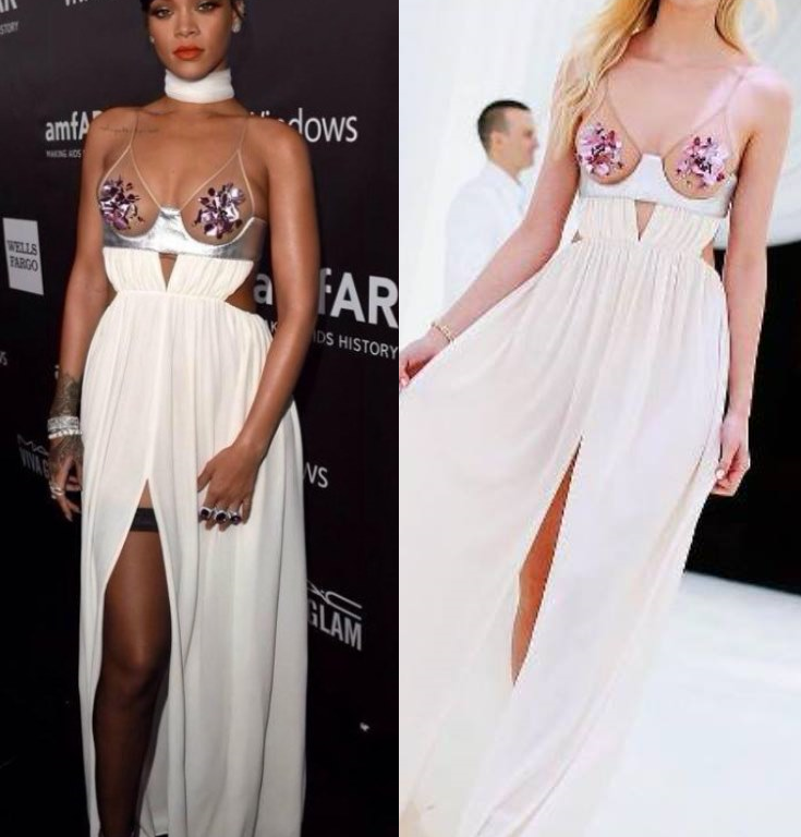 Who Wore It Better? Nicola Peltz vs. Rihanna in Tom Ford’s Spring 2015 White Cutout Slit Dress with Purple Embellished Cups