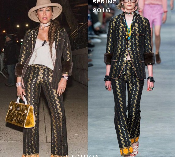 Hot! or Hmm…: Marjorie Harvey’s Marc Jacobs Show Gucci Spring 2016 Mens Wool and Mink Printed Suit + Her DKNY Fashion Show Blue Feathered Jumpsuit