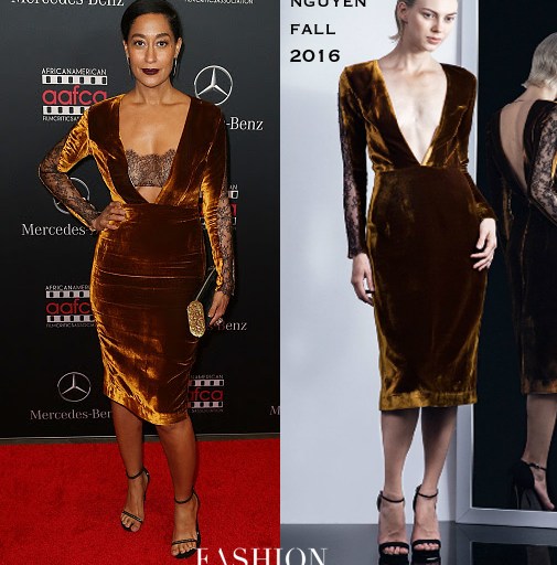 Hot! or Hmm…: Tracee Ellis Ross’s African American Film Critics Association Oscar Viewing Party Thai Nguyen Atelier Fall 2016 Gold Silk Velvet Dress with Lace Inserts
