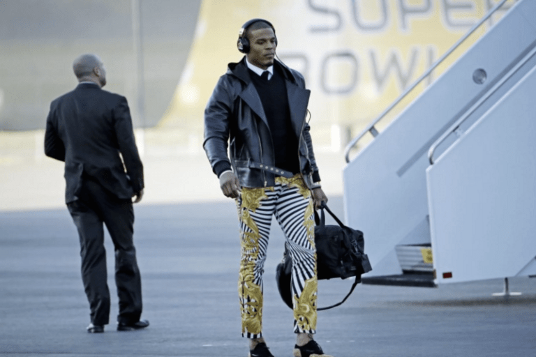 Men’s Fashion Flash: Cam Newton’s Versace Yellow Barocco Zebra Print Jeans and Giuseppe Zanotti Black Suede Lace-up Brogues