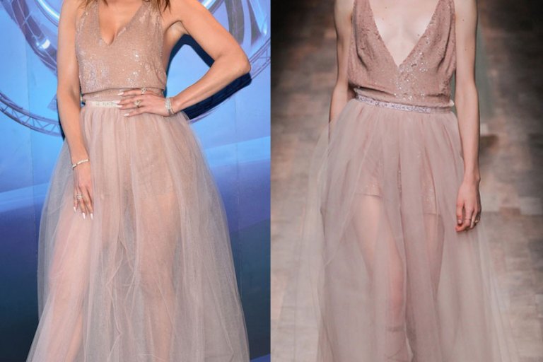 Hot! or Hmm…: Jennifer Lopez’s American Idol Valentino Spring 2015 Blush Pink Bodysuit and Tulle Maxi Skirt, and Giuseppe Zanotti Triple Strap Sandals