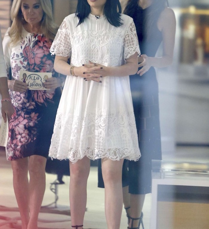 Get The Look: Kylie Jenner’s Today Show Kendall + Kylie White High Neck Lace Detail Baby Doll Short Sleeve Dress And Triple Strap Front Pointed Toe Pumps