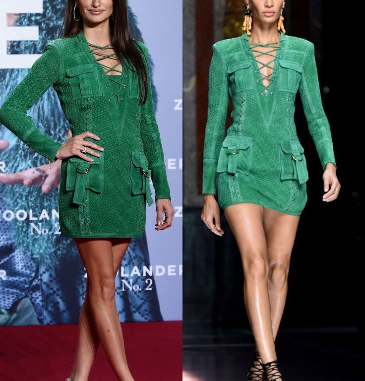 Hot! or Hmm… Penelope Cruz’s <em>Zoolander No. 2</em> Berlin Fan Screening Balmain Spring 2016 Green Suede Lace Up Dress