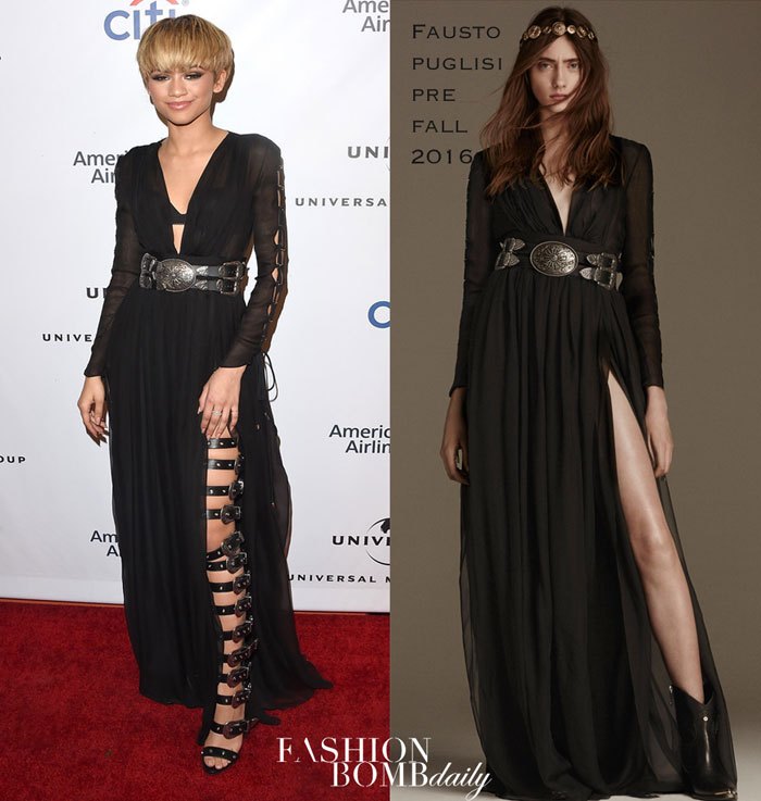 Hot! or Hmm…: Zendaya’s Universal Music Group Grammy Awards After Party Fausto Puglisi Pre-Fall 2016 Black Belted High Slit Gown and Thigh High Gladiator Sandals