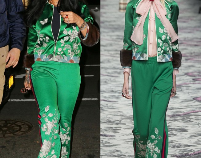 Splurge: Rihanna’s New York City Gucci Spring 2016 Green Floral Embroidered Track Jacket and Pants