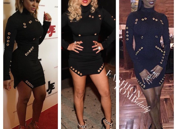 Who Wore it Better? Keyshia Cole vs. Jennifer Williams vs. Mal aysia Pargo in Just Enaj’s ‘Jennifer’ Bodycon Gold Grommet Dress and Giuseppe Zanotti Sandals