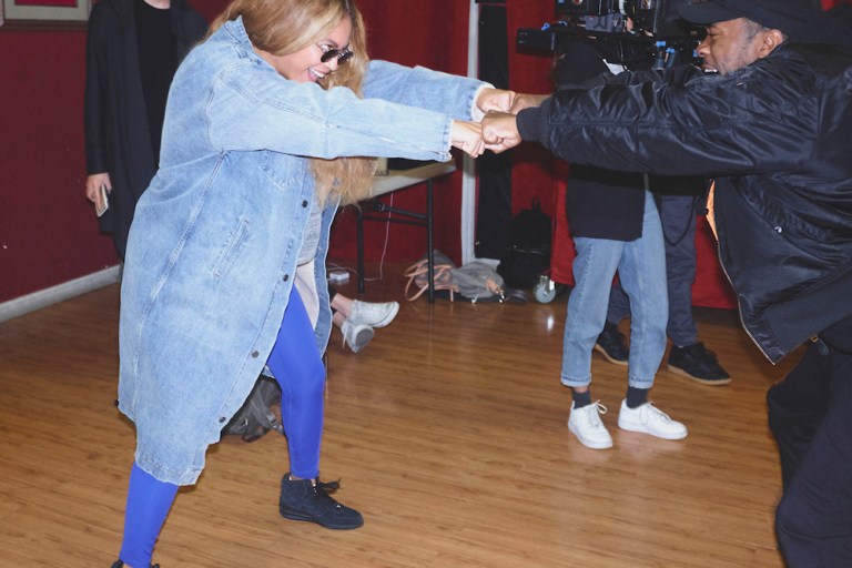Wardrobe Query: Beyonce Knowles Carter’s Superbowl Rehearsals Fear of God Long Denim Trench Jacket Coat