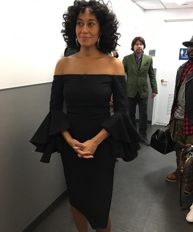 Splurge: Tracee Ellis Ross’s Today Show Ellery Black Precocious Off-the-Shoulder Crepe Midi Dress