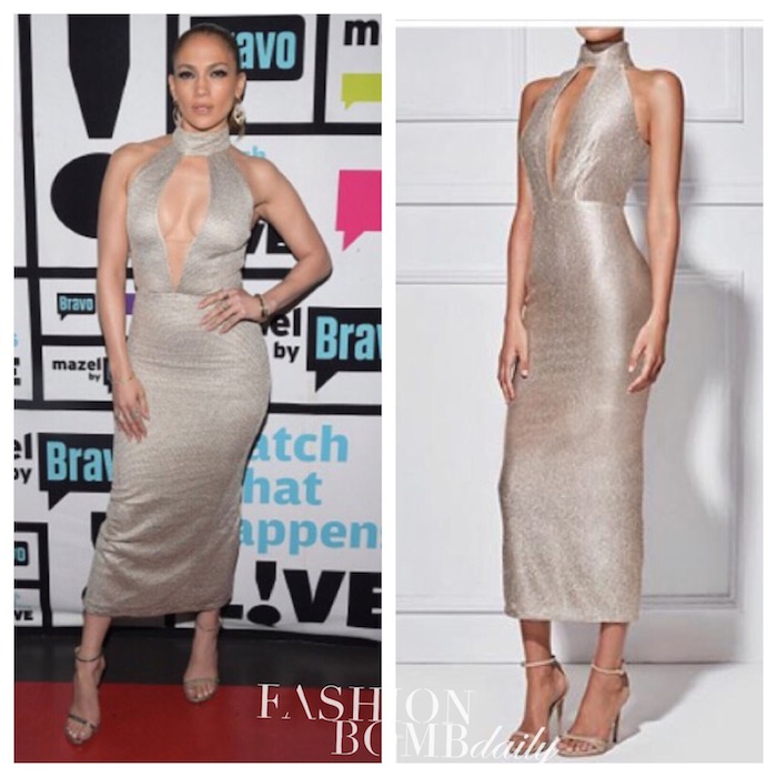 Splurge: Jennifer Lopez's Watch What Happens Live Misha Collection Metallic  Gold Volante Halter Keyhole Dress - Fashion Bomb Daily