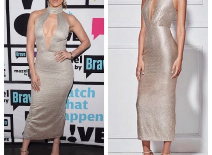 Splurge: Jennifer Lopez’s Watch What Happens Live Misha Collection Metallic Gold Volante Halter Keyhole Dress