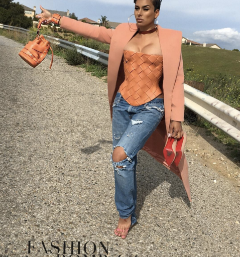 Hot! or Hmm…: Laura Govan’s Instagram House of CB Moren Dusty Pink Wool Mix Coat, Marina Hoermanseder Basket Weave Corset, and Levi’s Jeans