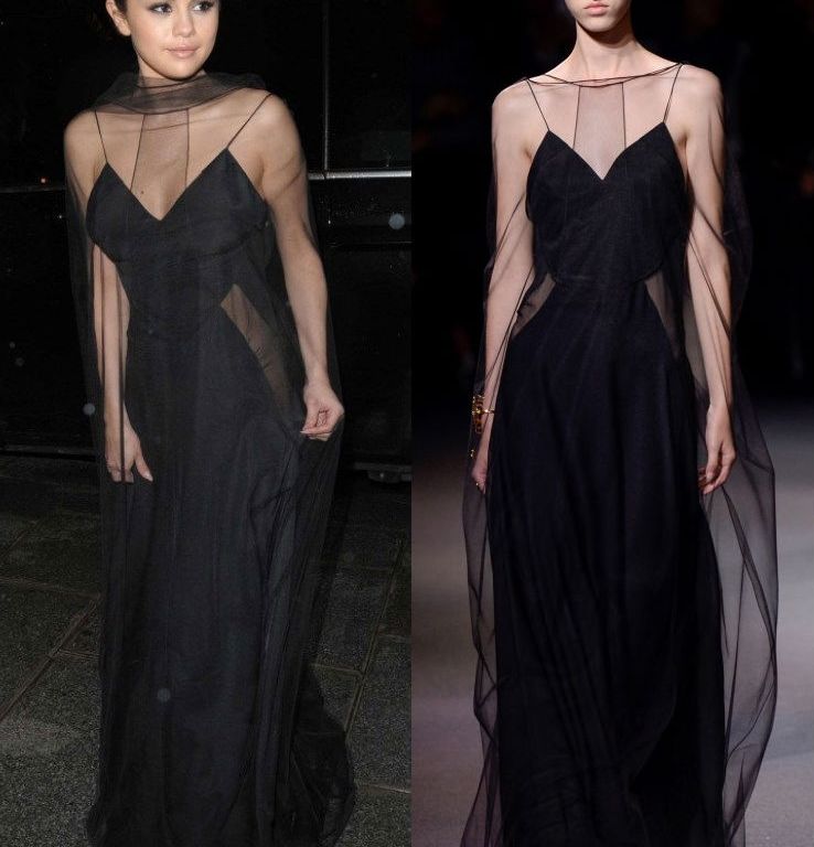 Hot! or Hmm… Selena Gomez’s Louis Vuitton Dinner Party Vionnet Spring 2016 Black Sheer Overlay Gown
