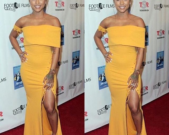 Splurge: Karrueche Tran’s A Weekend With The Family Los Angeles Premiere Zeena Zaki Golden Off-the-Shoulder Dress with Lace-Up Detailing
