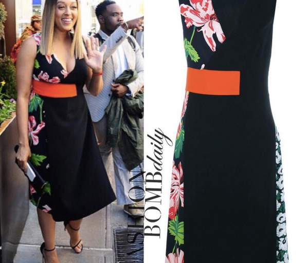 Splurge: Tia Mowry’s New York City Stella McCartney Agnes Colorblock Black and Floral Dress and Stuart Weitzman Nudist Sandals