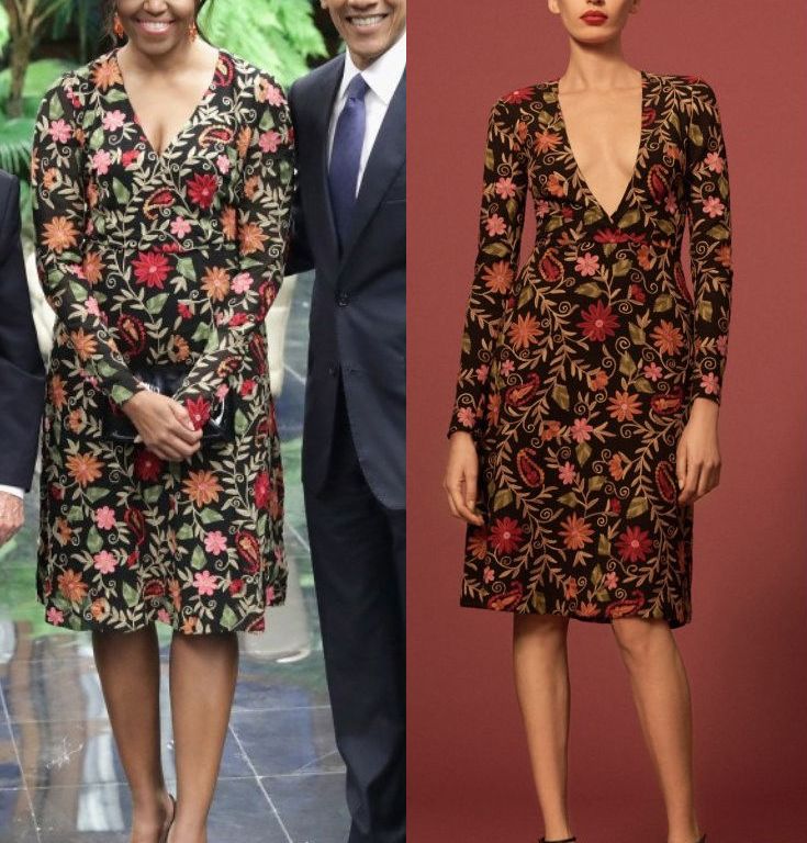 First Lady Michelle Obama Wears a Naeem Khan Pre-Fall 2016 Floral Print Wrap Dress at the Cuba State Dinner