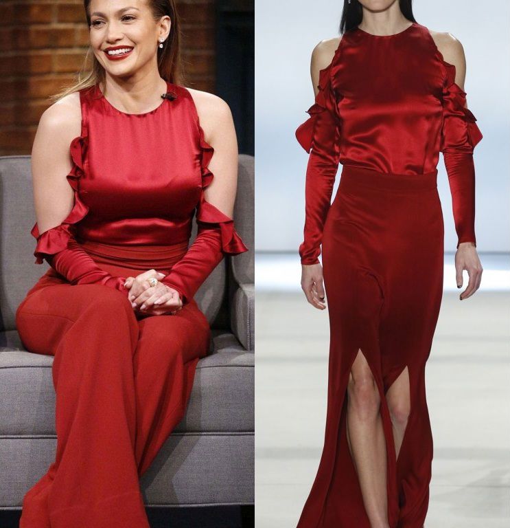 Hot! or Hmm… Jennifer Lopez’s Late Night with Seth Meyers Cushnie et Ochs Fall 2016 Red Open Shoulder Ruffle Top and Red High Waist Trousers