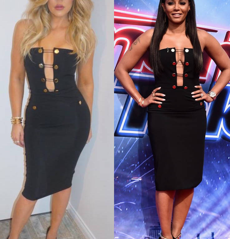 Who Wore It Better? Melanie B vs. Khloe Kardashian in Cushnie et Ochs’s Black Strapless Button Front Sheath Dress