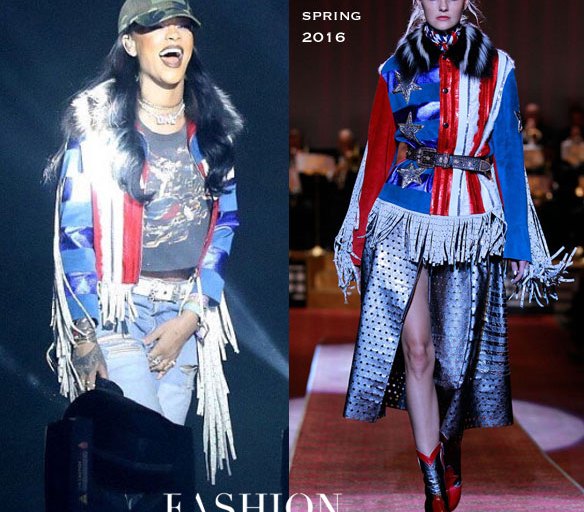 Rihanna Hits Coachella Stage in Fringed Marc Jacobs Red, White, and Blue Spring 2016 Jacket