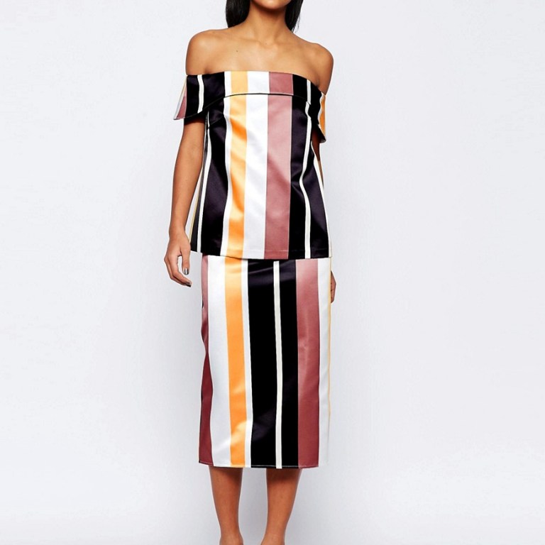Bomb Product of the Day: ASOS Stripe Minimal Off Shoulder Top and Stripe Pencil Skirt In Structured Satin