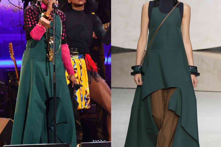 Hot! or Hmm…: Lauryn Hill’s Black Girls Rock! Performance Marni Spring 2016 Forest Green Dress, Black Perforated Shirt, and Pink and Brown Bangles