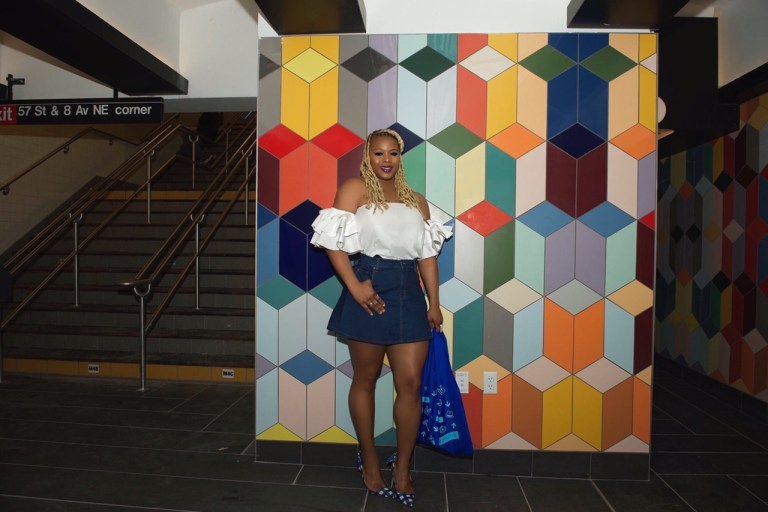 Claire’s Life: The Opening of TurnStyle NYC in a Meow and Barks Boutique White Ruffled Top, Zara Denim Skirt, and Miu Miu Gingham Slingbacks