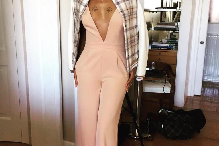 Splurge: Eve’s Instagram  Chloé Checked Bomber Jacket and House of CB Blush Marwa Deep V Wide Leg Jumpsuit