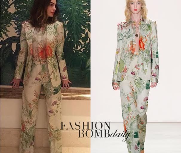 Hot or Hmm…: Anne Hathaway’s Disney Alice Promo Jenny Packham S/S 2016 Floral Blazer and Matching Pants