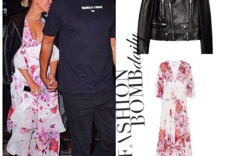 Splurge: Beyonce’s Saint Laurent Black Biker Jacket and Giamba Silk Floral Maxi Dress