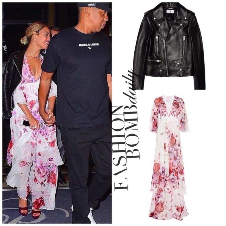 Splurge: Beyonce’s Saint Laurent Black Biker Jacket and Giamba Silk Floral Maxi Dress