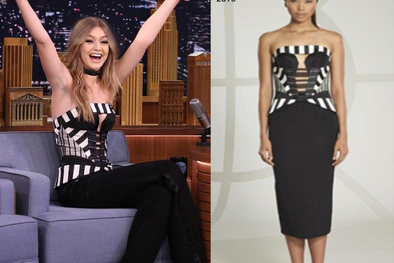Hot! or Hmm…: Gigi Hadid’s Jimmy Fallon Show Rubin Singer Spring 2016 Black and White Striped Corset Strapless Top