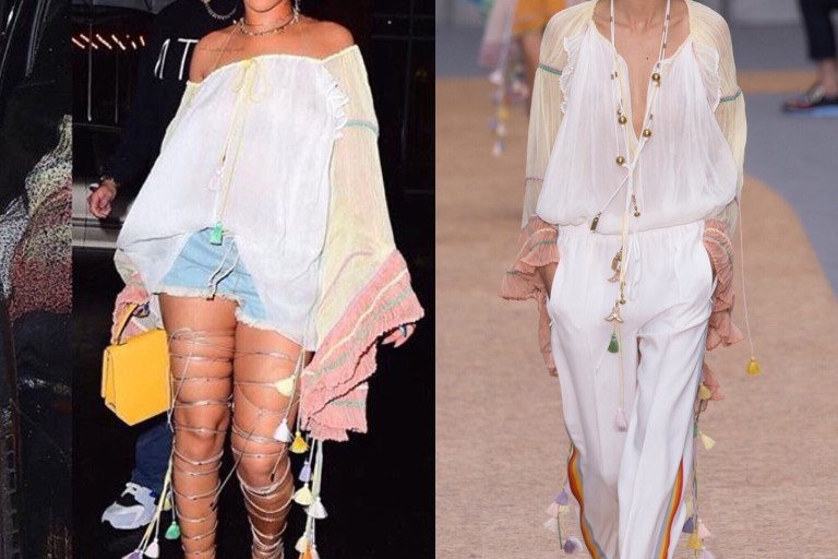 Splurge: Rihanna’s Nightclub Chloe Spring 2016 Tassed Silk Crepon Blouse, Bleached Draw-String Denim Shorts, DSquared2 ‘Riri’ Silver Lace up Sandals, and Yellow Dior ‘Diorama’ Handbag