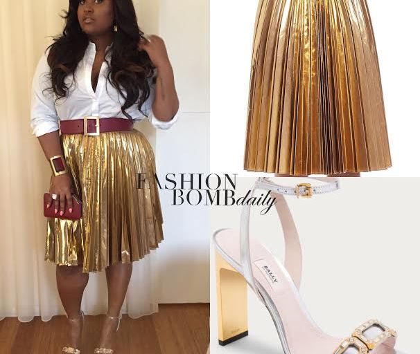 Splurge: Jazmine Sullivan’s Bally Performance DKNY Gold Pleated Skirt and Bally Parvia Leather Sandals