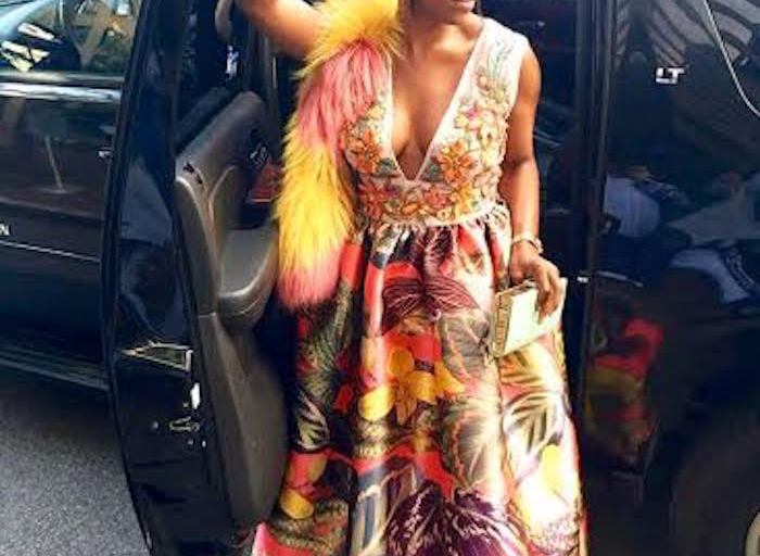 Hot! Or Hmm…: June Ambrose’s Instagram Dennis Basso Spring 2016 Floral Print Deep V-Neck Embellished Sleeveless Gown