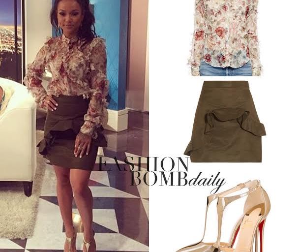 Splurge: Karueche Tran’s Fashion Police Alexander McQueen Long Sleeve Ruffle Medieval Floral Blouse, MSGM Spring 2016 Ruffled Cotton-blend Faille Mini Skirt and Christian Louboutin Gold J String Shoes