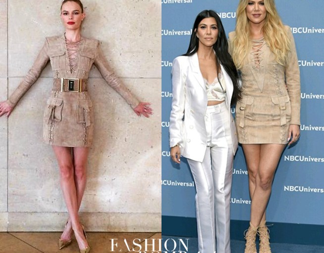 Who Wore it Better? Kate Bosworth vs. Khloe Kardashian in Balmain’s Resort 2016 Brown Suede Lace Up Dress