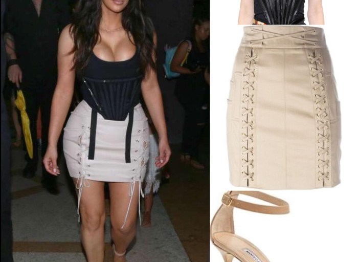 Splurge: Kim Kardashian’s Cuba Vacation Givenchy Black Wool Corset, Balmain Lace Fastening Mini Skirt and Manolo Blahnik Chaos Sandals
