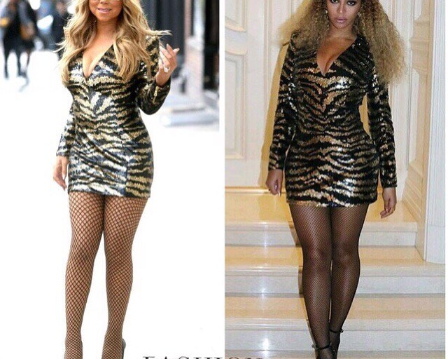 Who Wore it Better? Mariah Carey vs. Beyonce in Balmain’s Sequined Tulle Black and Gold Tiger Mini Dress