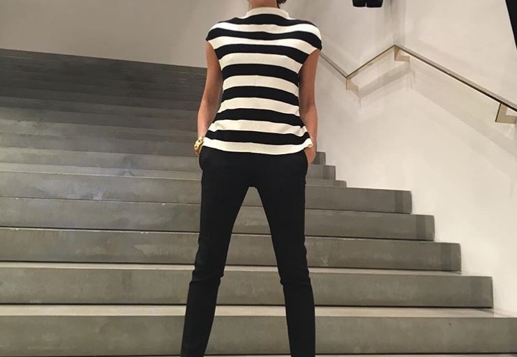 Splurge: Victoria Beckham’s The Art Club Victoria Beckham Striped Knitted Top, Black Tuxedo Trousers and Gucci ‘Adina’ Horsebit Detailed Suede Pumps