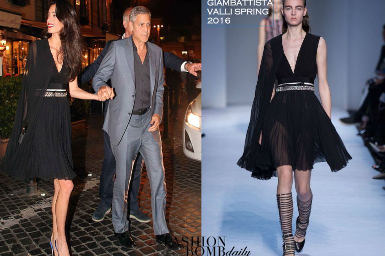 Hot! or Hmm… Amal Clooney’s Rome Giambattista Valli Fall 2016 Black Draped Shoulder Pleat Dress