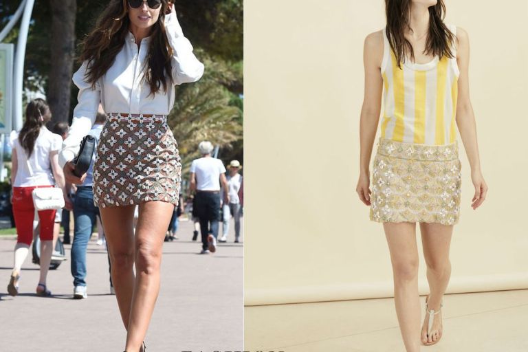 Hot! or Hmm… Izabel Goulart’s Cannes Cher Michel Klein White Button Front Shirt, Spring 2015 Shell Embroidered Mini Skirt, and Pierre Hardy Colorful Vibrations Sandals