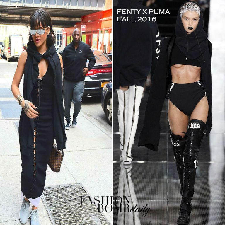 Hot! or Hmm… Rihanna’s New York City Dior Silver Shield Sunglasses, FENTY x PUMA Fall 2016 Black Long Sleeve Hoodie, Black Lace Up Contrast Trim Dress, and PUMA Aril Sneakers